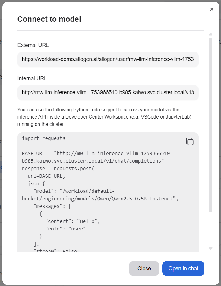 Model connection window gives you the required information to use the model in applications.