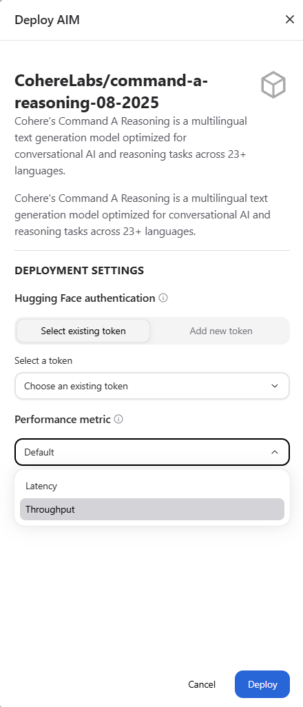 Performance metric selection in the deployment drawer
