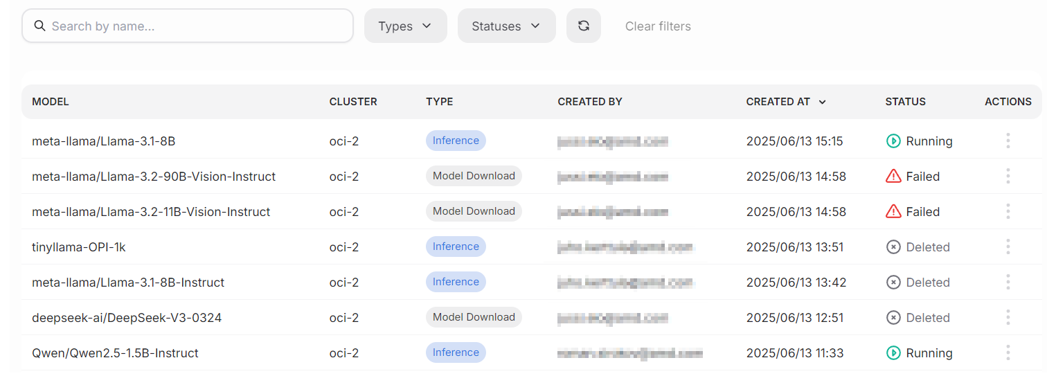 The active deployments page lists all deployments.