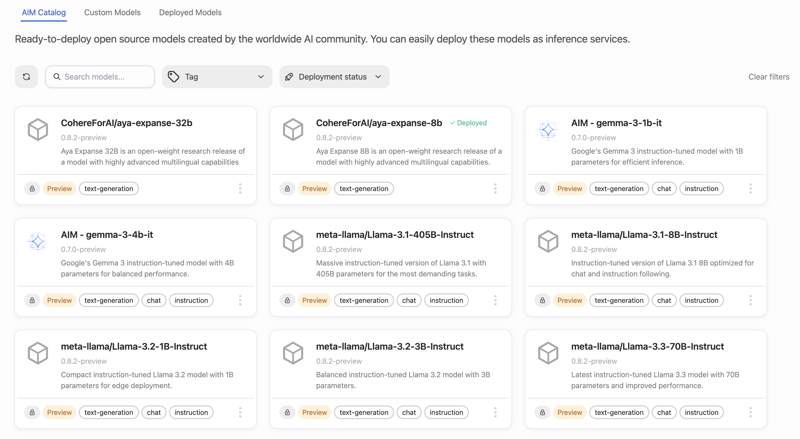 The AIM Catalog page lists all available AMD Inference Microservices.