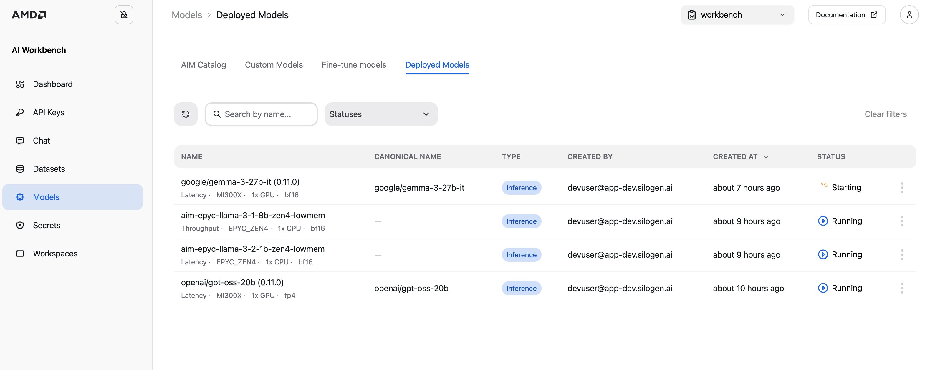 The Deployed Models tab listing a custom model deployment that is still coming up.