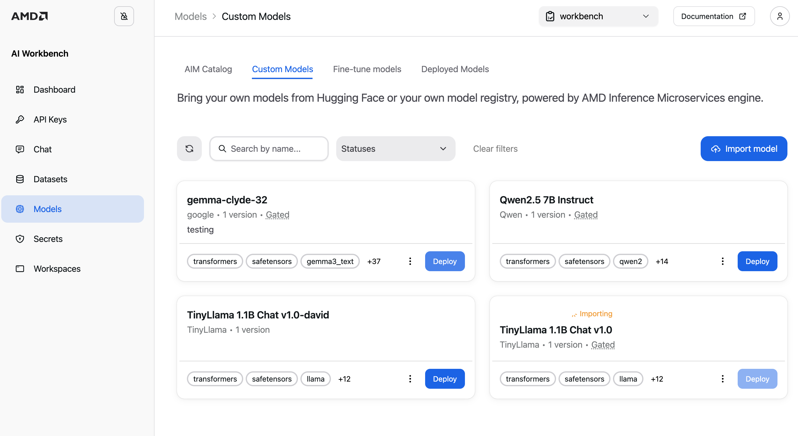 A custom model card showing the Importing status while weights download.
