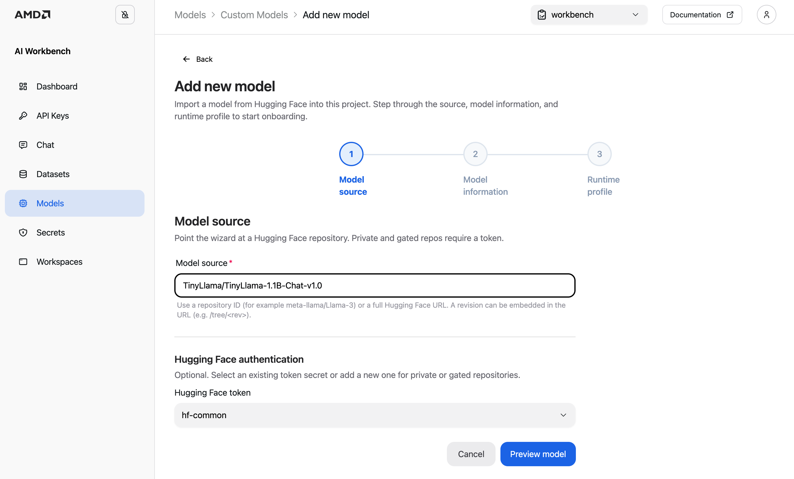The Model source step with the model source field and Hugging Face authentication selector.