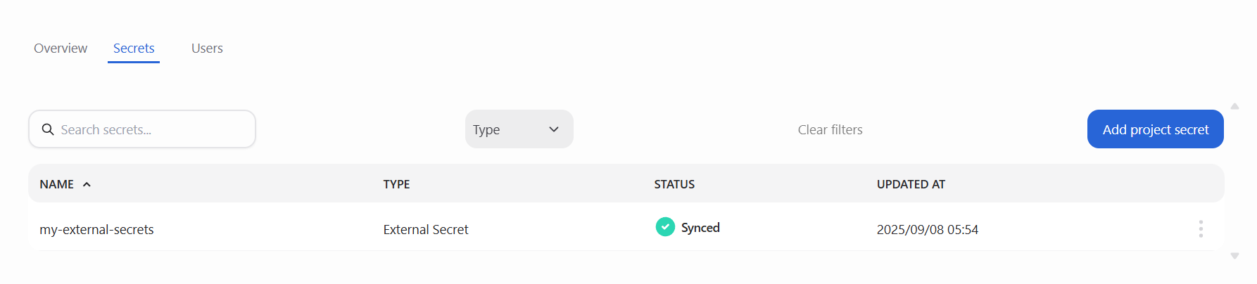 The secrets tab on a project page.