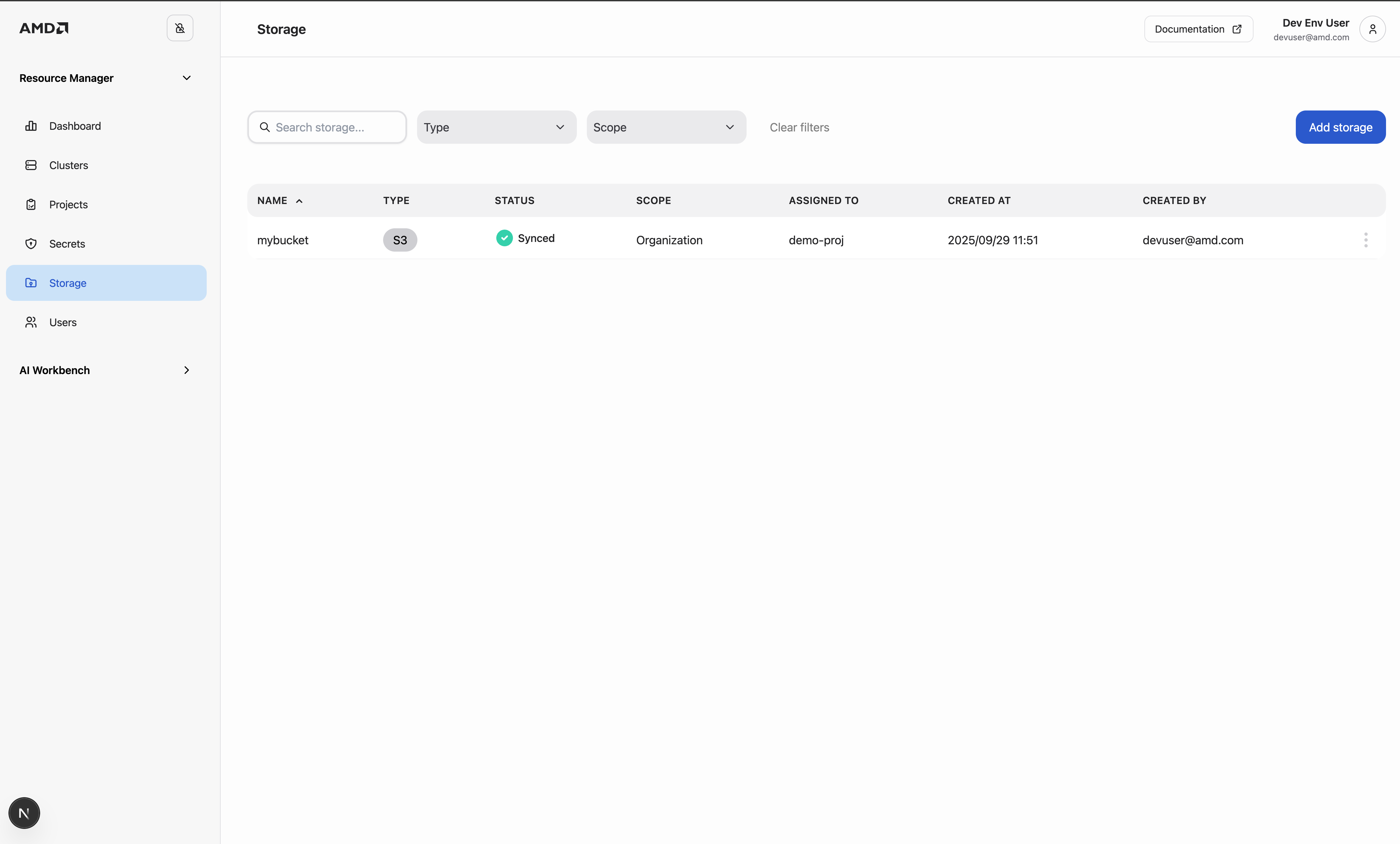 The main storage list displays all available storage.