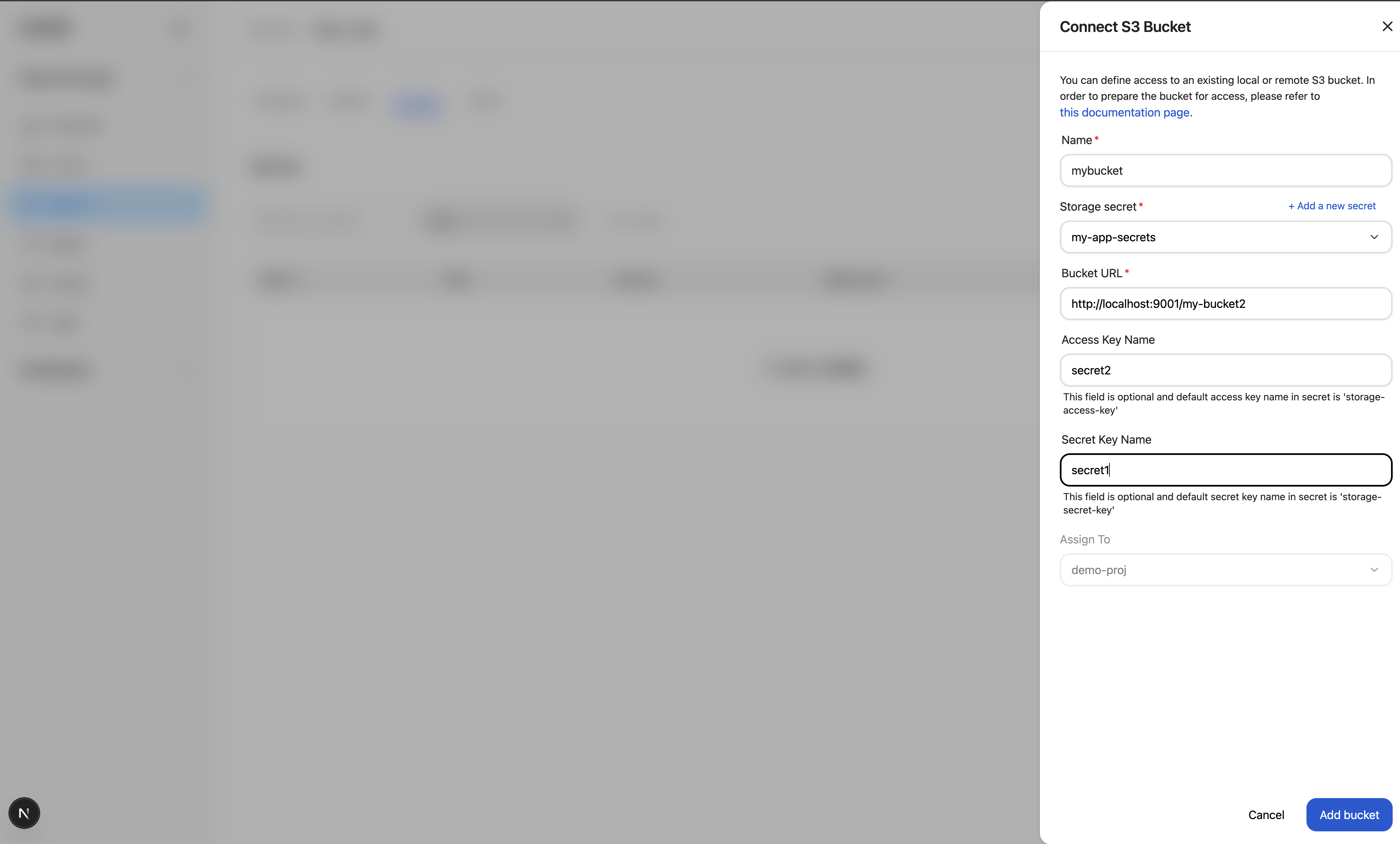 The Connect S3 Bucket modal.