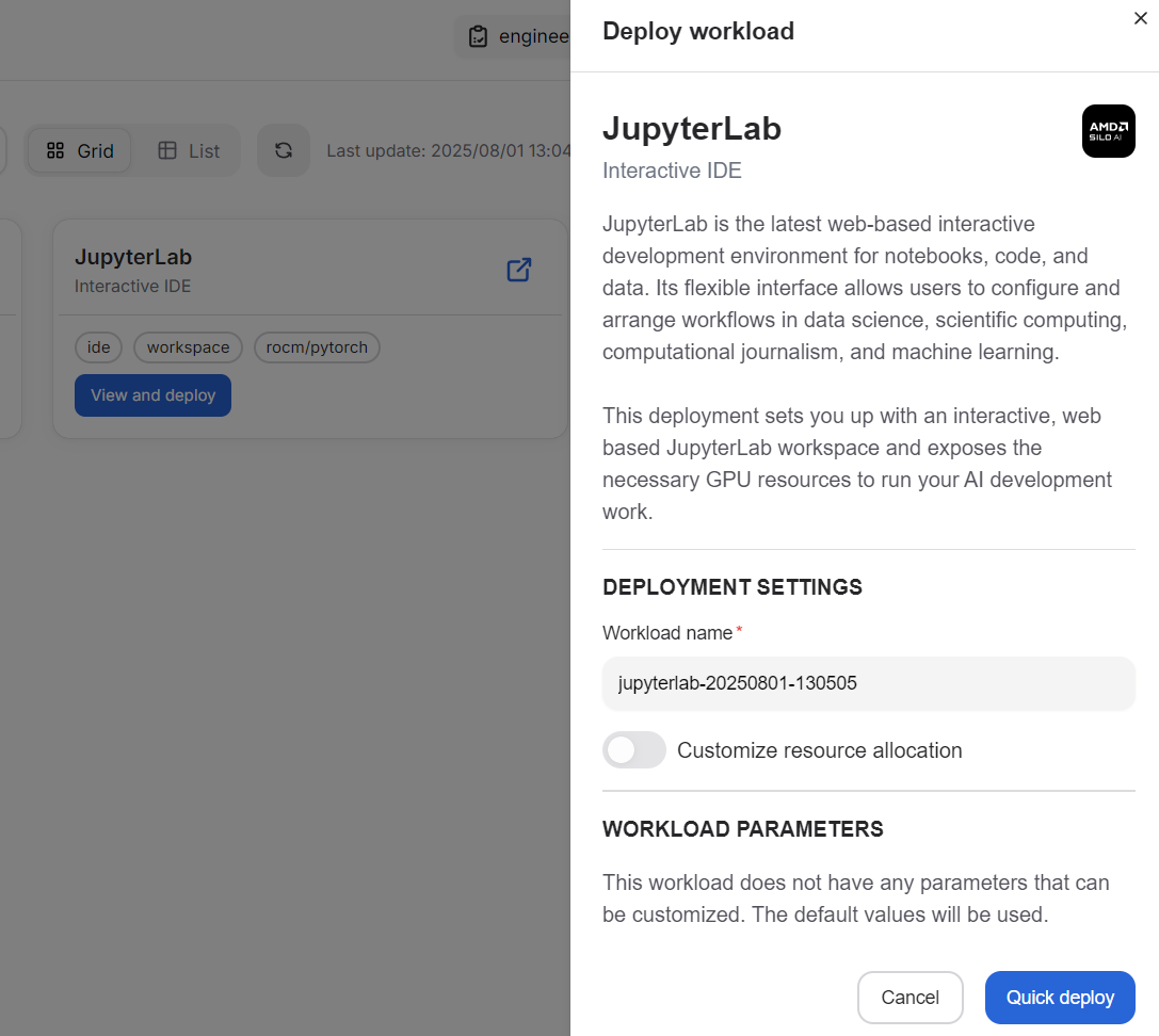 Deploying JupyterLab is easy. Just click "Quick deploy" from the navigation drawer.