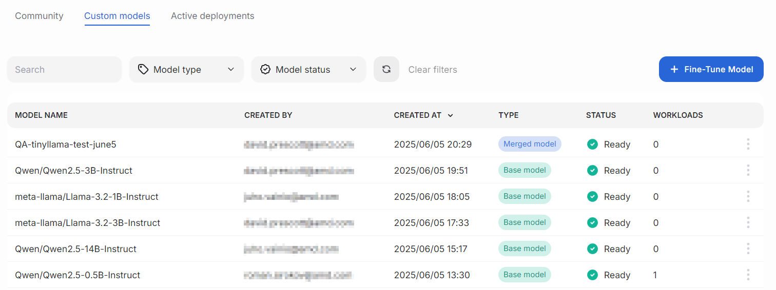 The custom models page lists all available base and fine-tuned models.