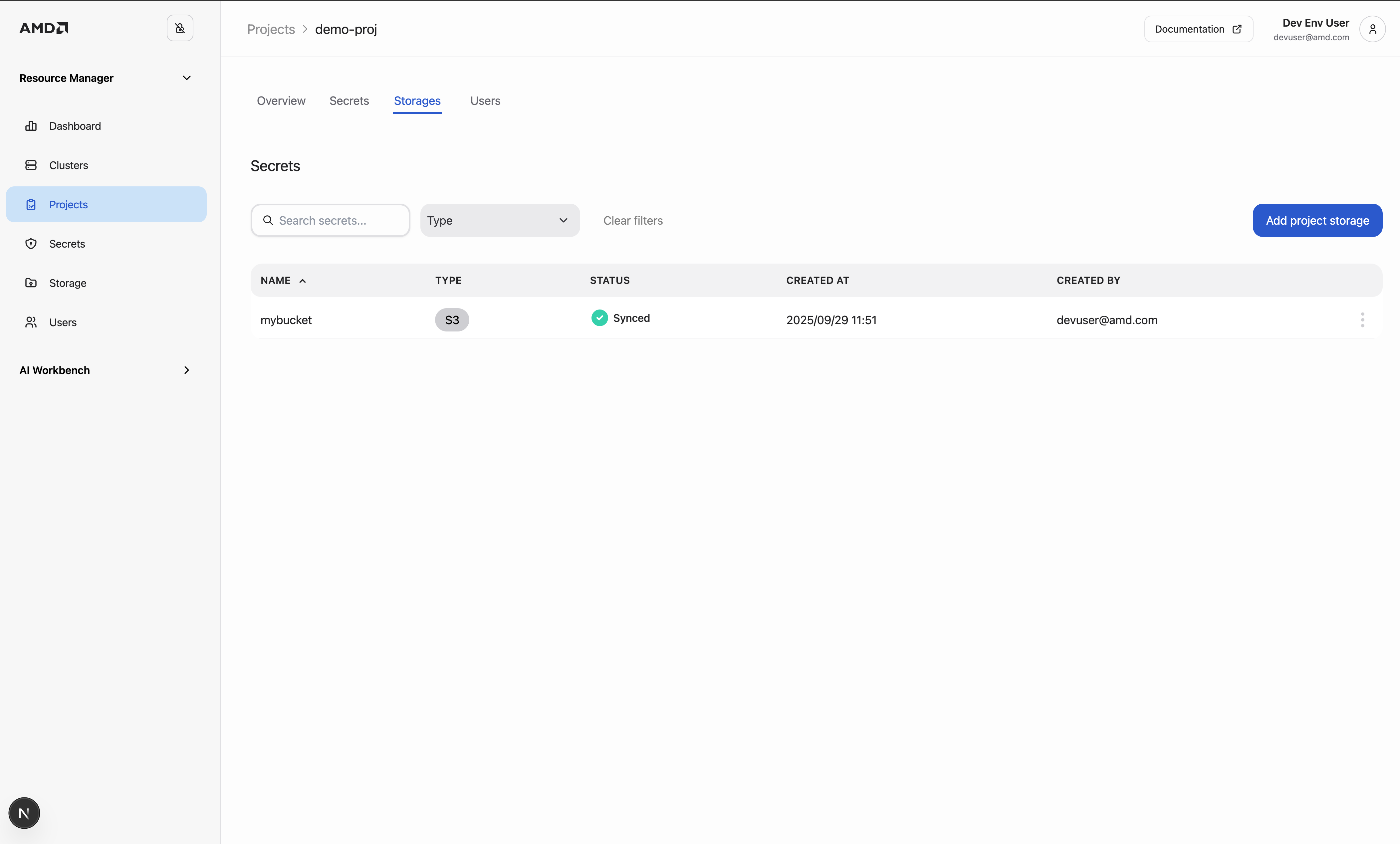 The storage tab on a project page.