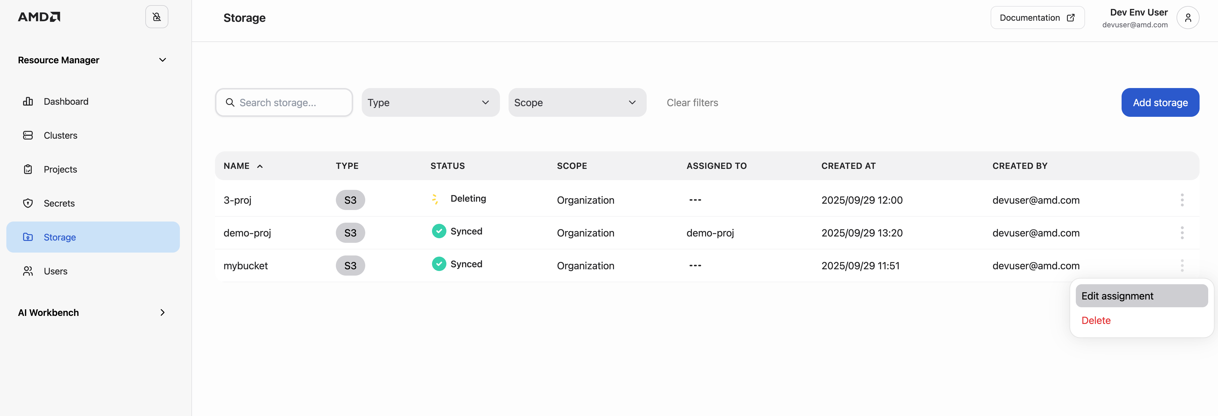 Assign storage to projects.