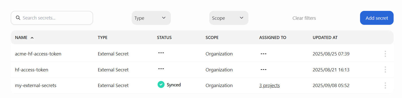 The main secrets list displays all available secrets.