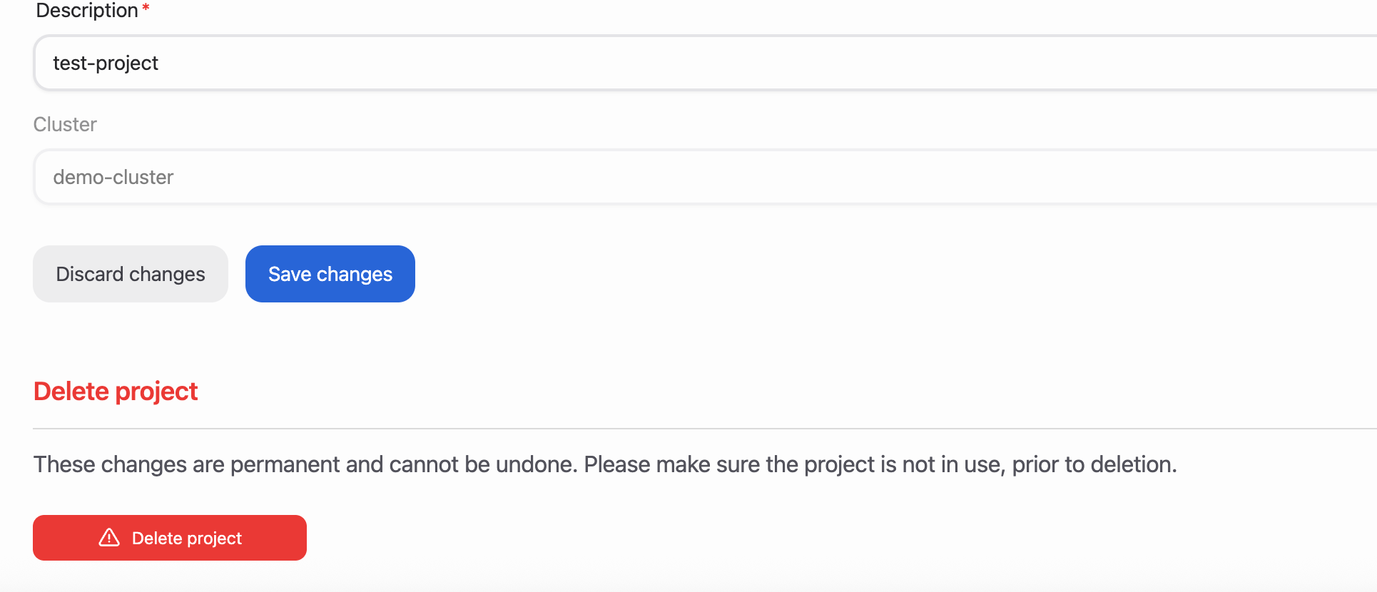 Delete project button