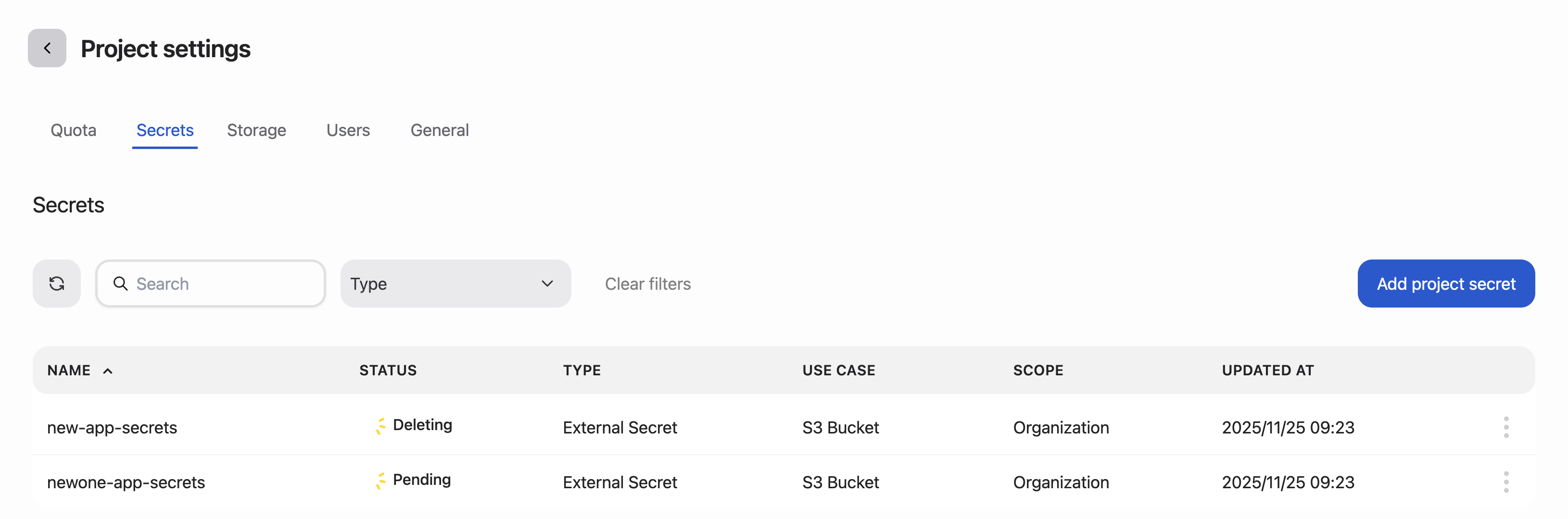 The secrets tab on a project page.
