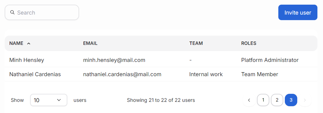 The main user view lists all users and their roles in the platform.