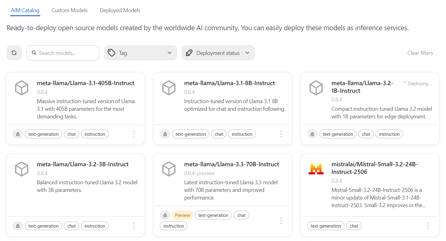The AIM Catalog page lists a variety of AI models.