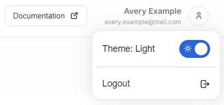 The user area dropdown contains the color theme switcher.