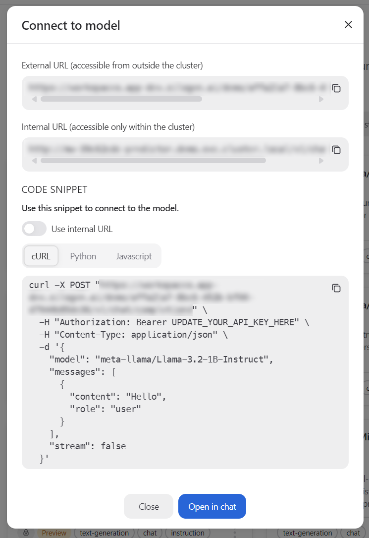 Model connection window gives you the required information to use the model in applications.