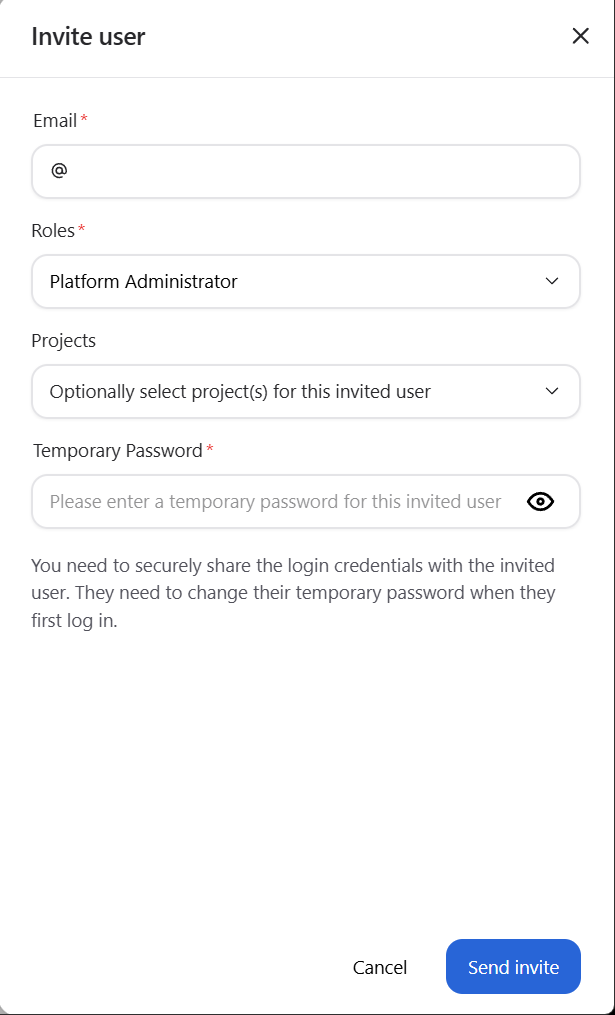Invite user form with temporary password field visible