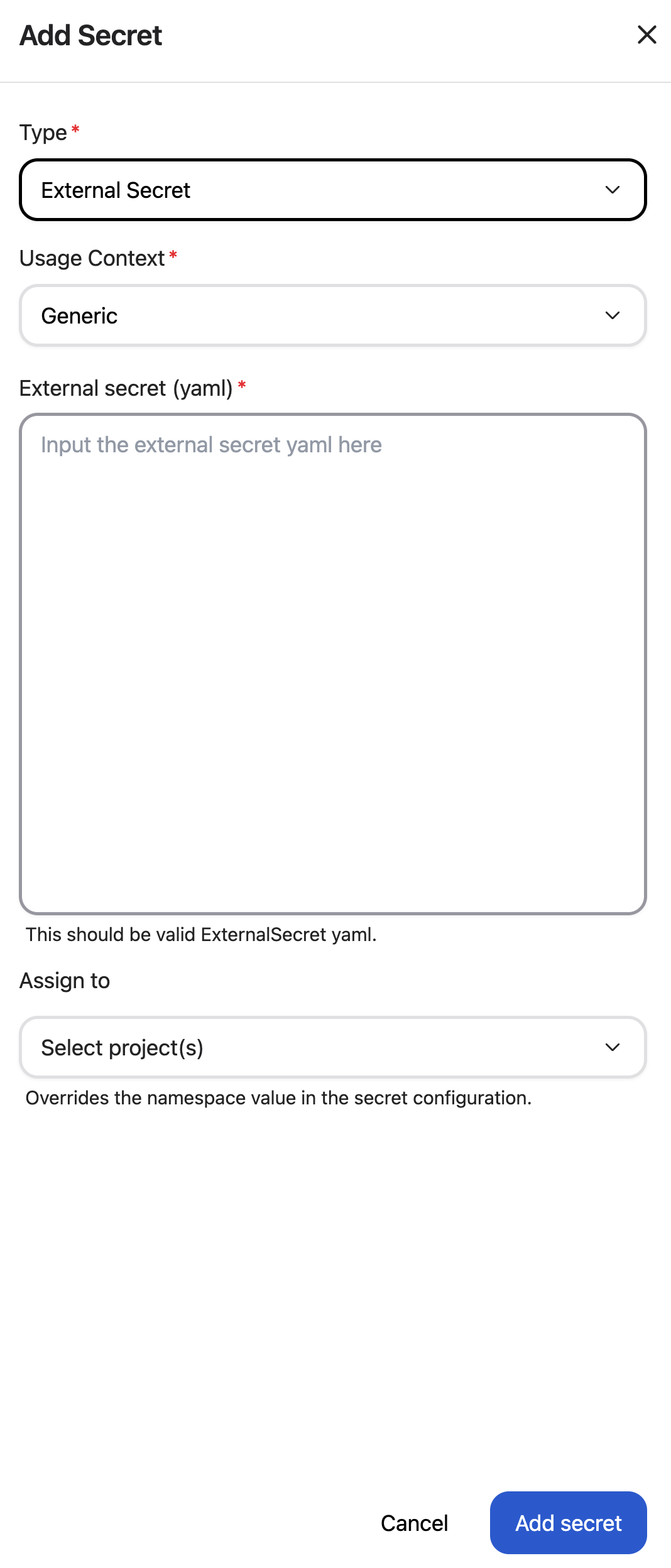 The add secret modal.
