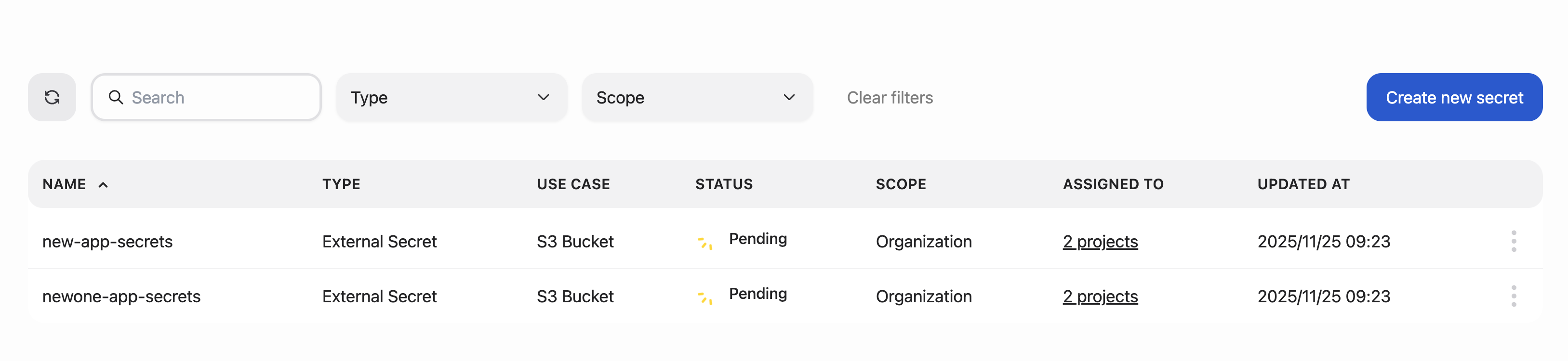 The main secrets list displays all available secrets.