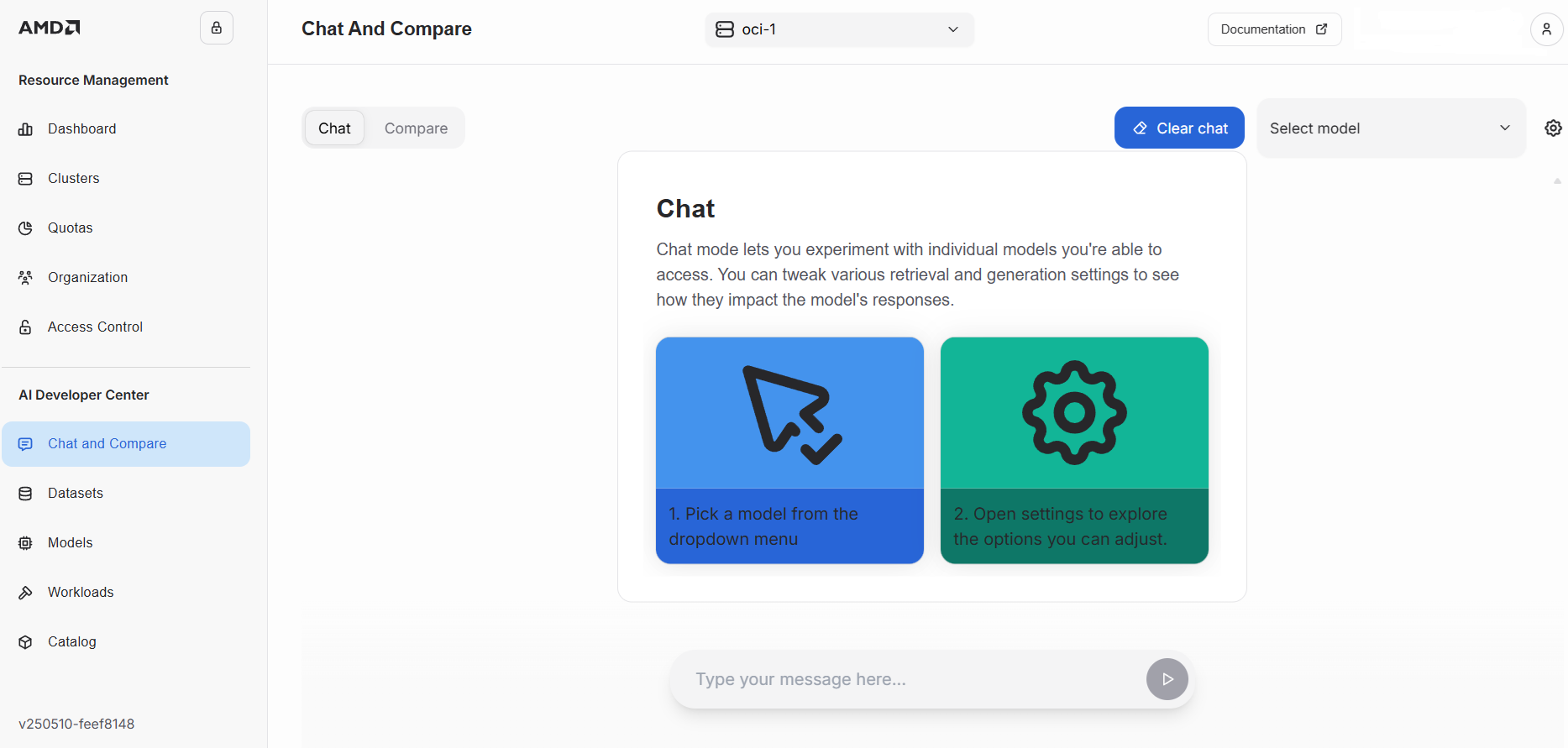 The introduction page to AMD AI Workbench outlines the main chat features.