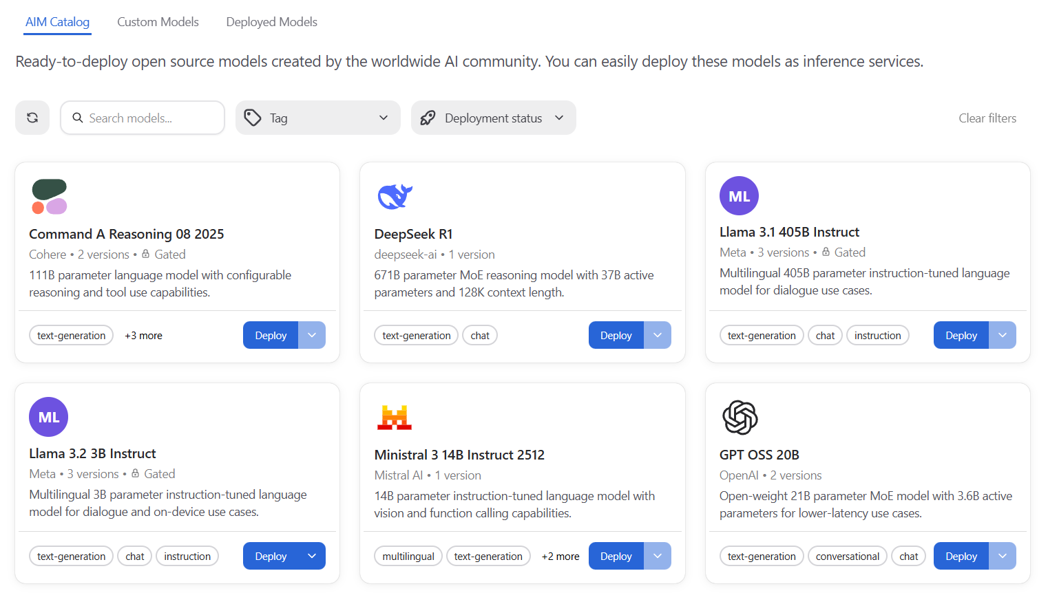 The AIM Catalog page lists all available AMD Inference Microservices.
