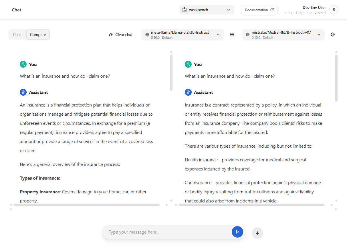 Model comparison view