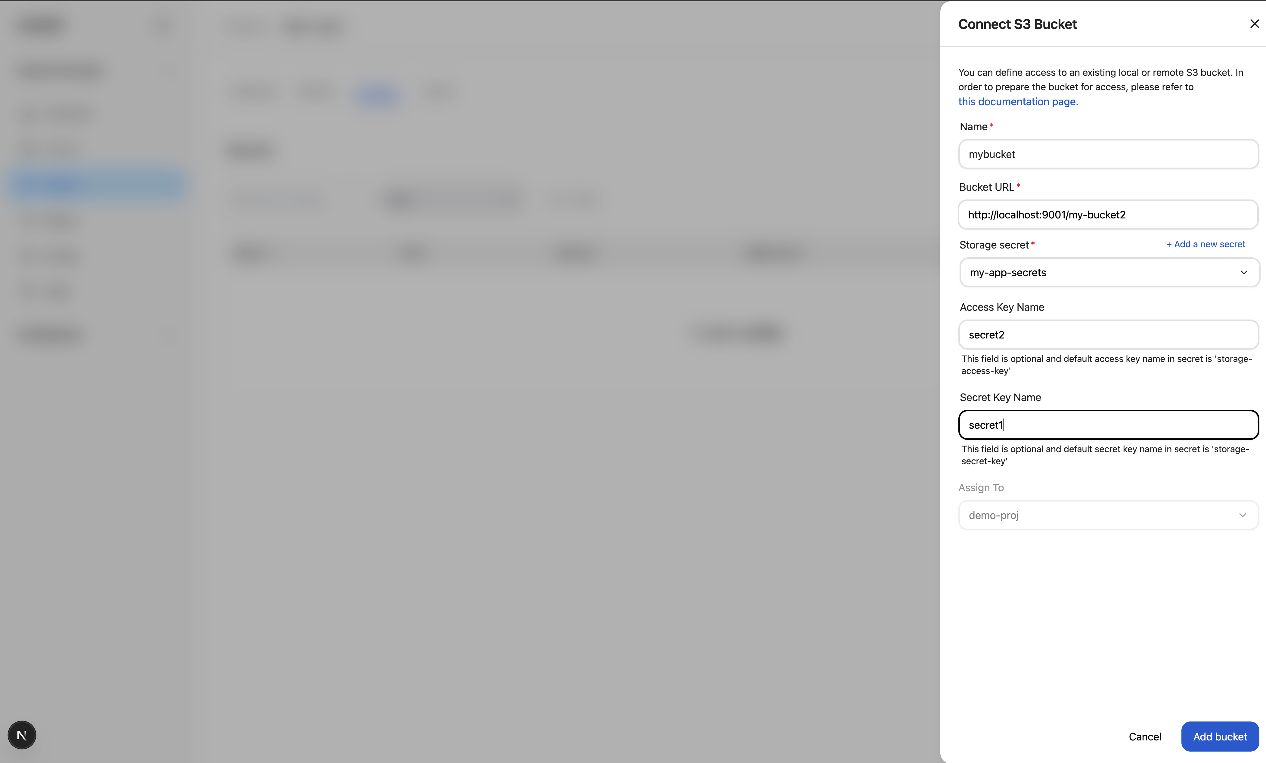The Connect S3 Bucket modal.