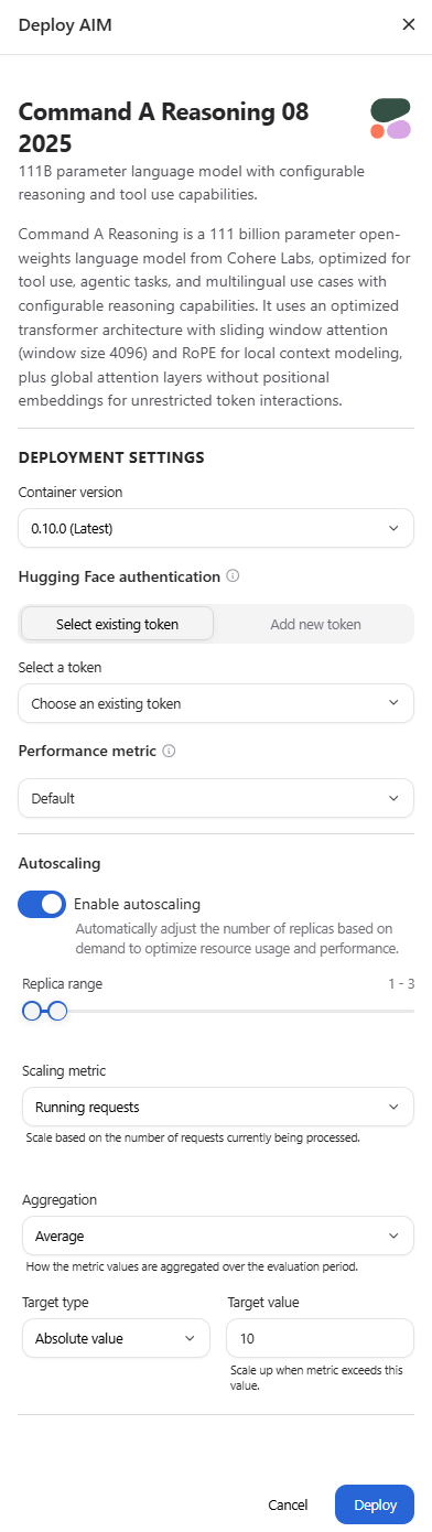 Deployment options drawer showing performance metric and autoscaling configuration