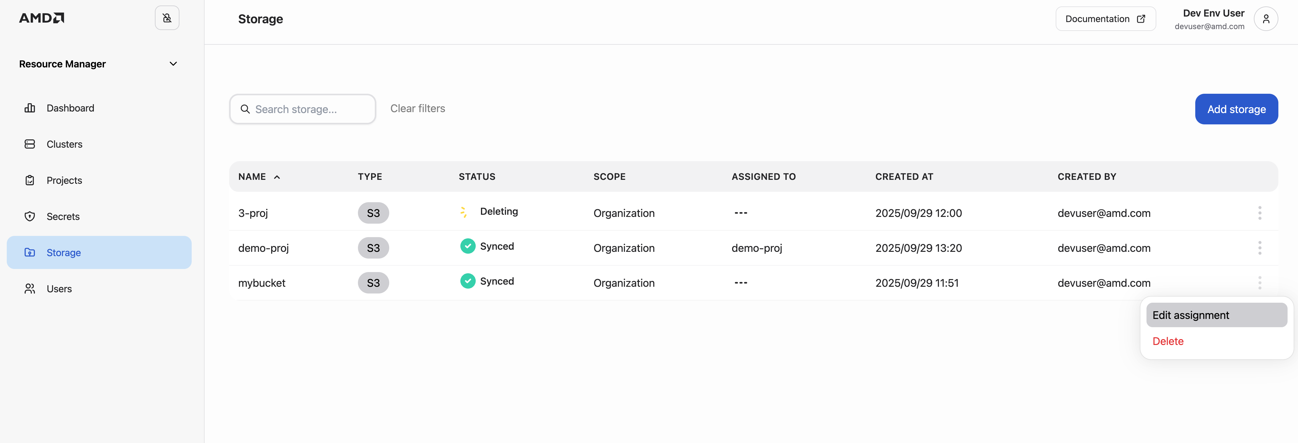 Assign storage to projects.