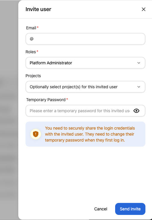 Invite user form with temporary password field visible