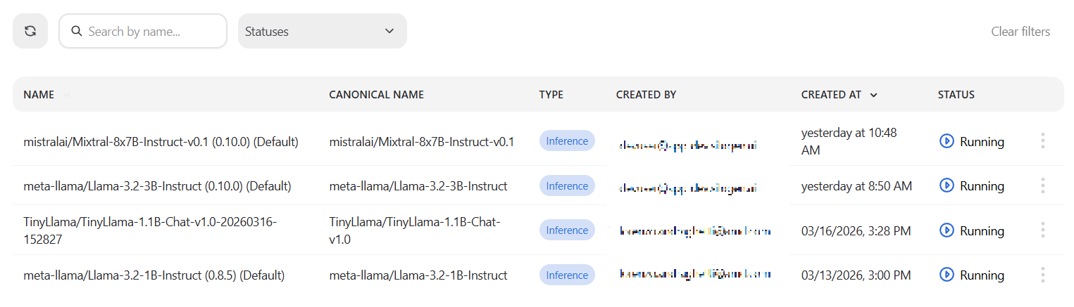 The deployed models page lists all deployments.