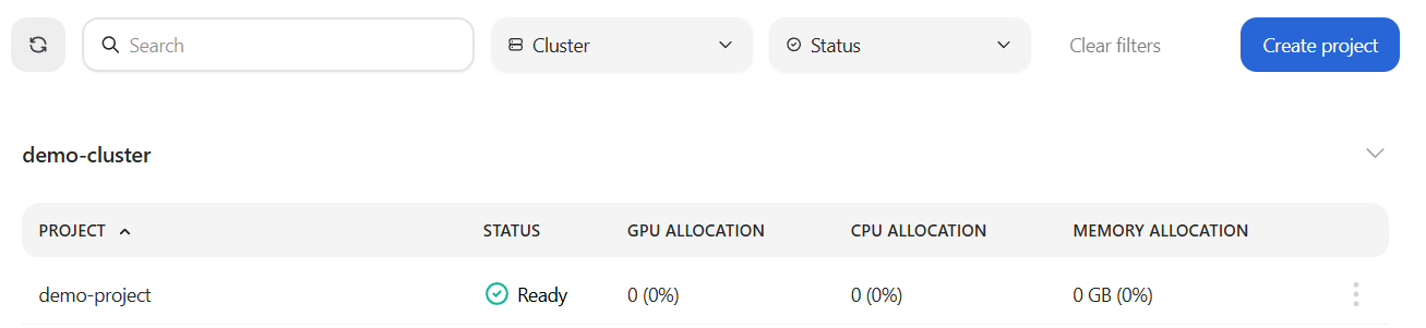 The projects list displays the number of users and a short description of the project.