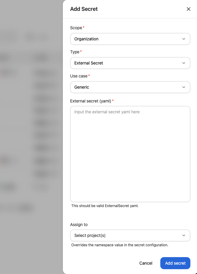 The add secret modal.