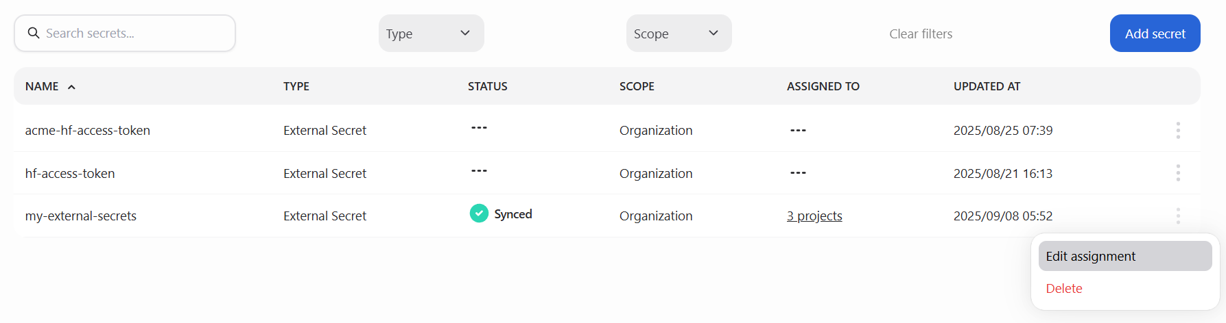 Assign a secret to projects.