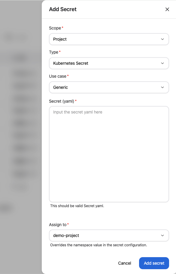 Create a kubernetes secret.