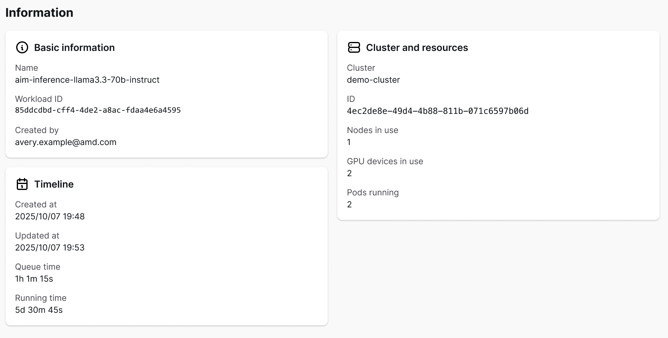 Workload information cards showing basic information, cluster and resources, and timeline.