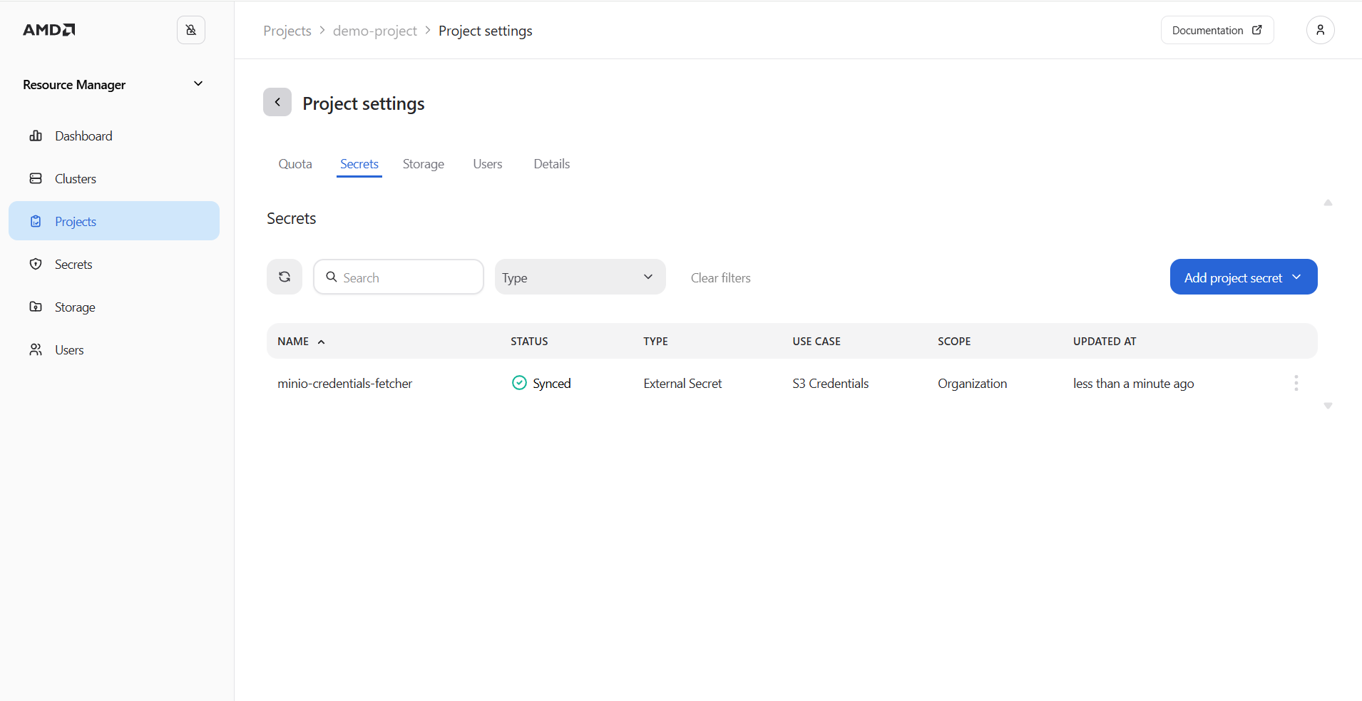 The Project settings Secrets page following the addition of the secret