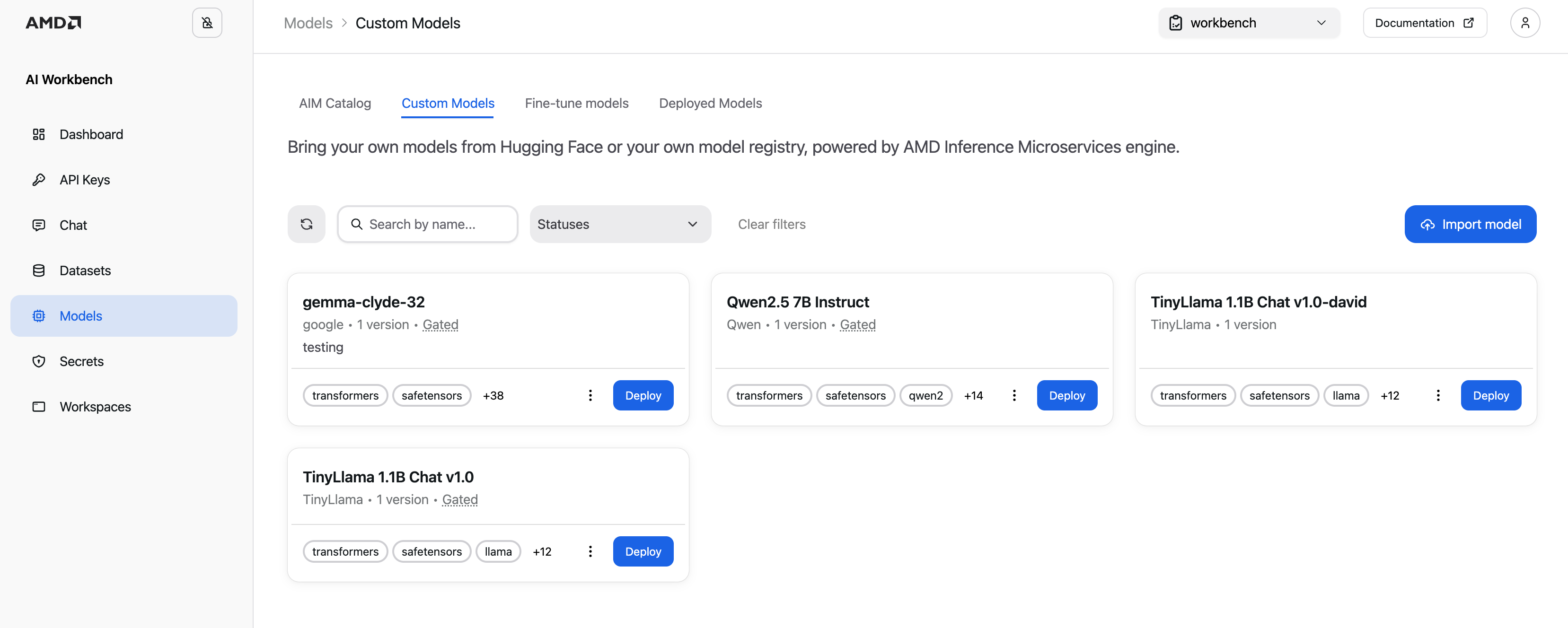 The Custom Models tab with the Import model button in the top-right toolbar.