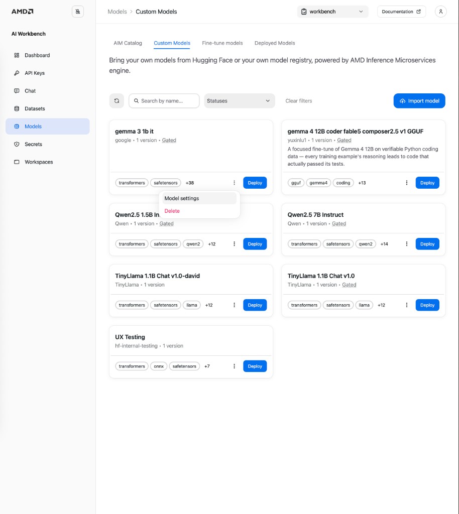 The Custom Models tab with a model action menu open, showing Model settings and Delete.