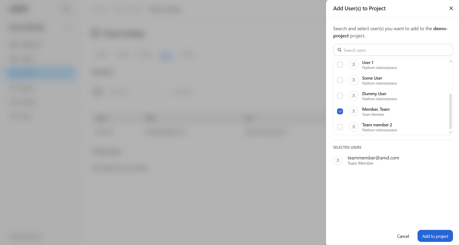 The Add User(s) to Project dialog box
