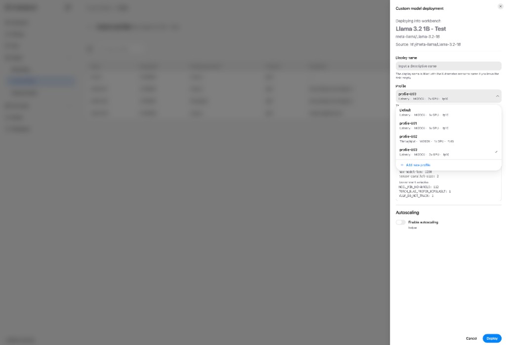 The Custom model deployment drawer with the Profile dropdown open, listing the Default profile and named profiles alongside an Add new profile action.