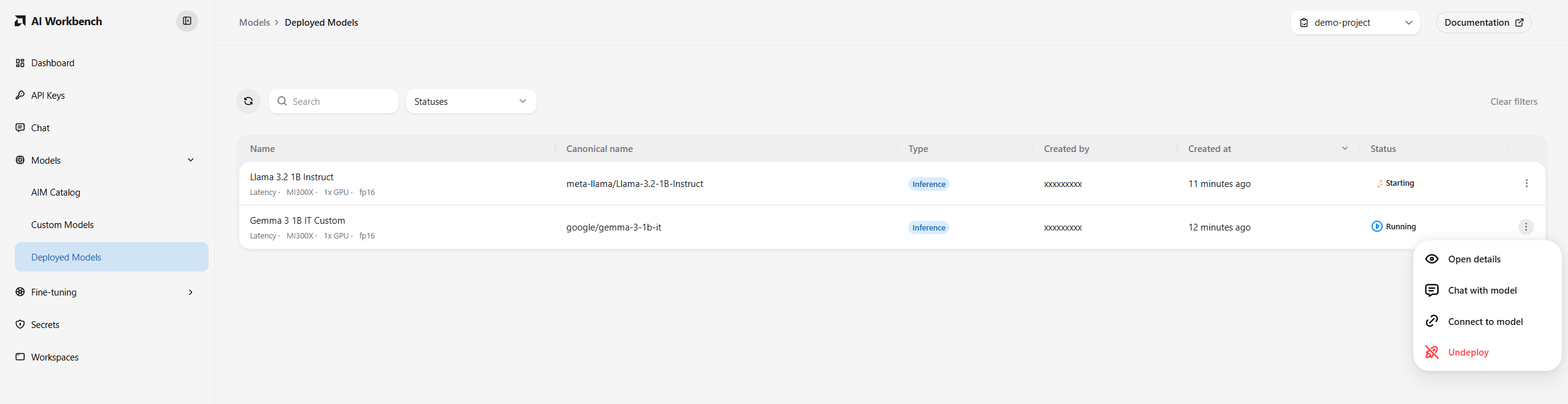 The Deployed Models page listing a custom model deployment that is still coming up.