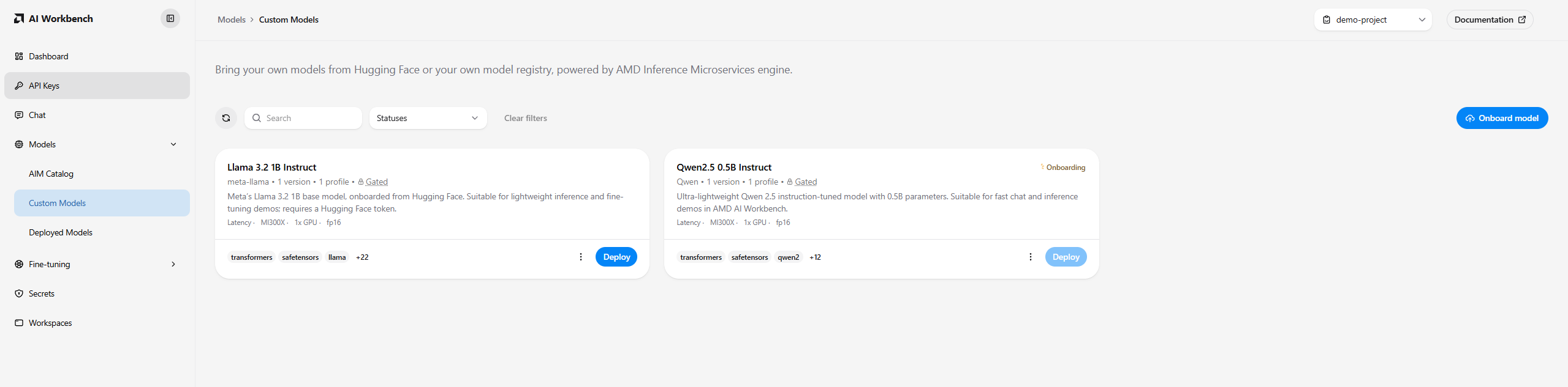 The Custom Models page with the Onboard model button in the toolbar.