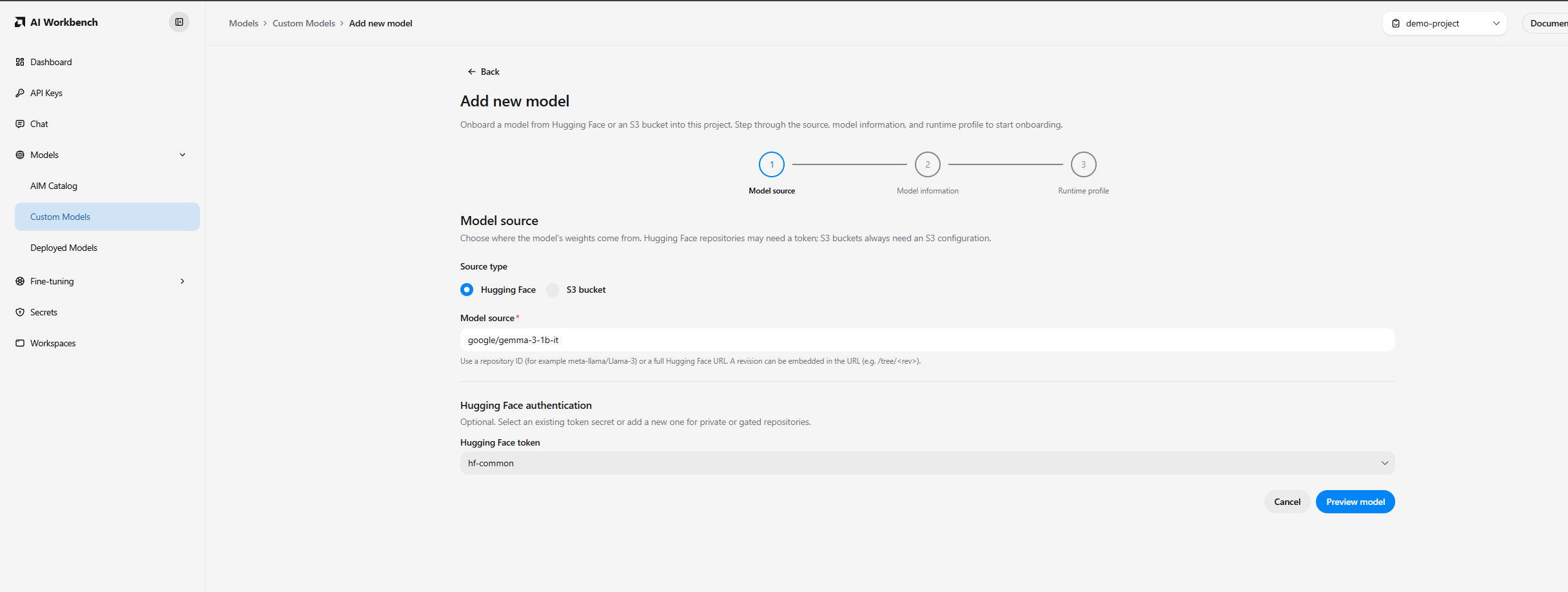 The Model source step with the model source field and Hugging Face authentication selector.