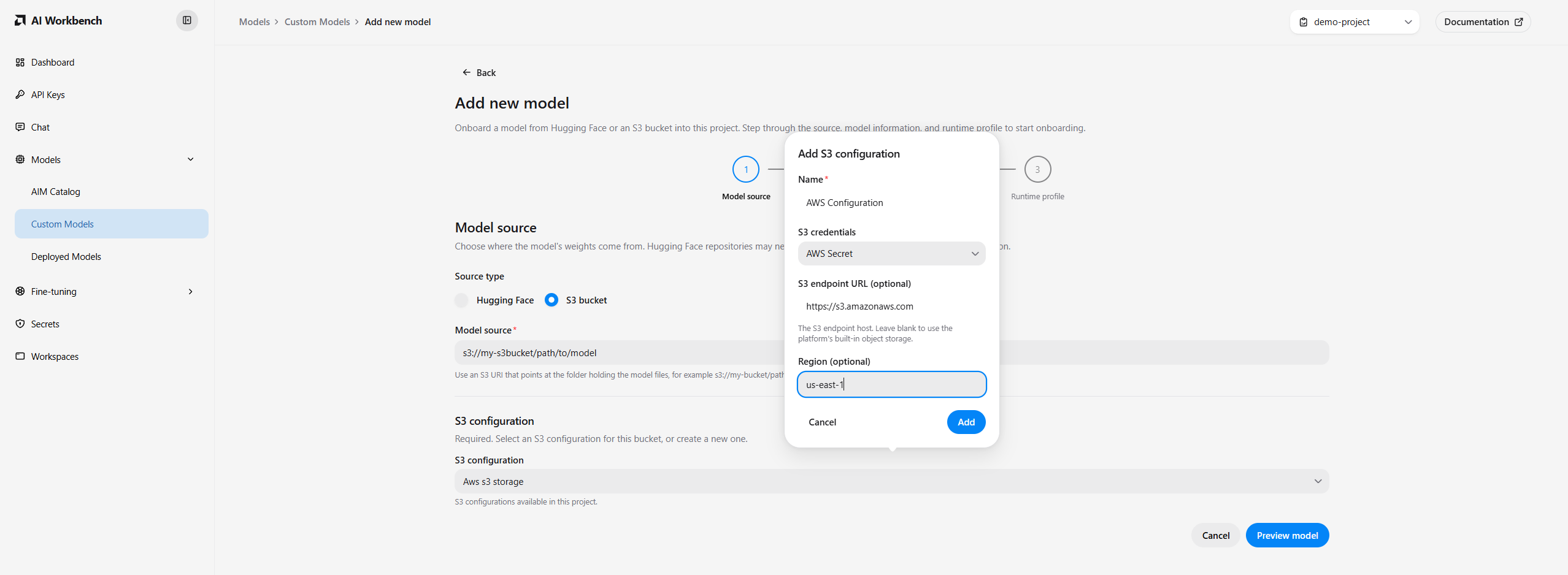 The Add S3 configuration dialog with name, credentials secret, endpoint URL, and region fields.