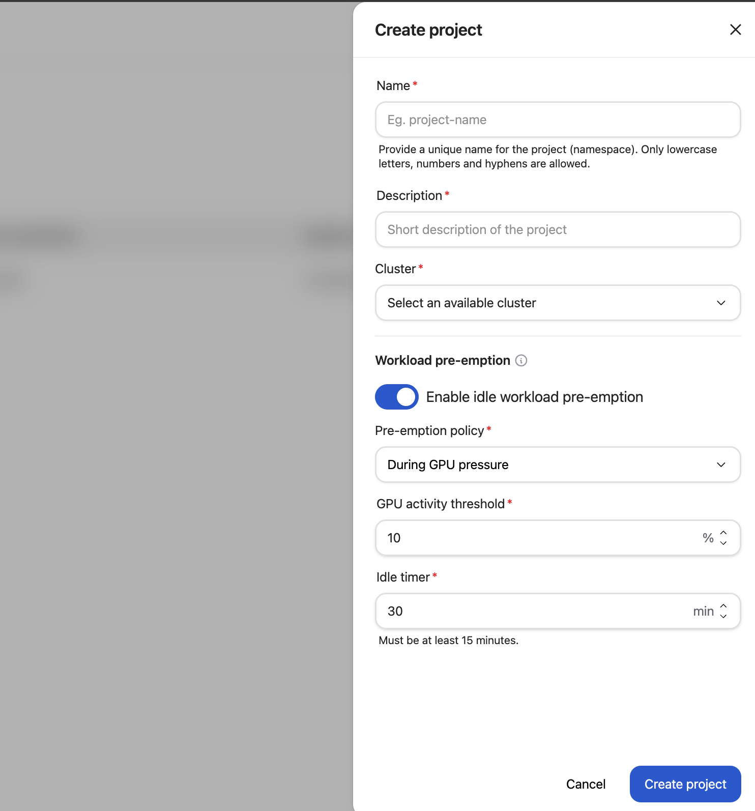 Workload preemption section in the Create project panel