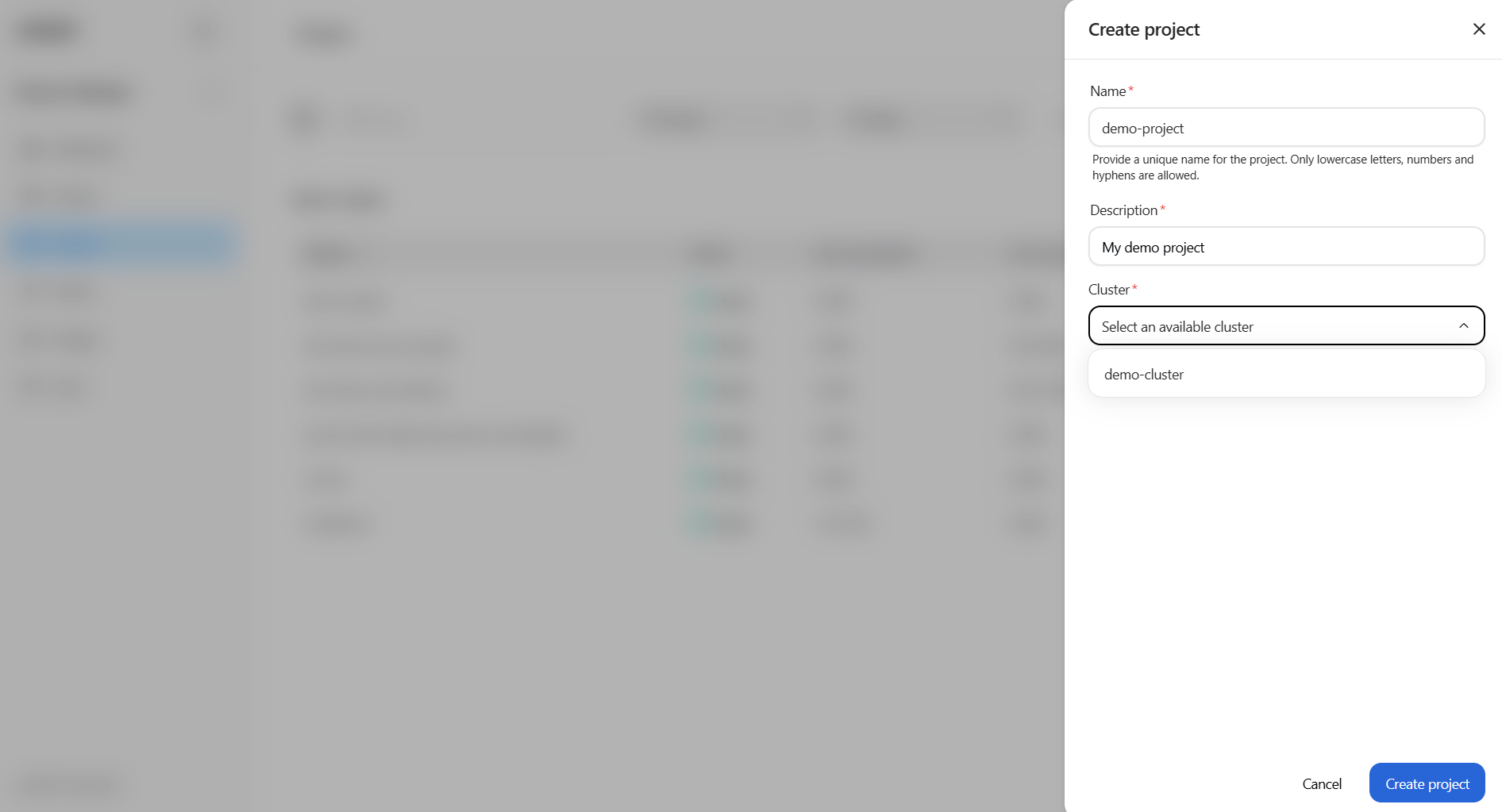 The Create project dialog box