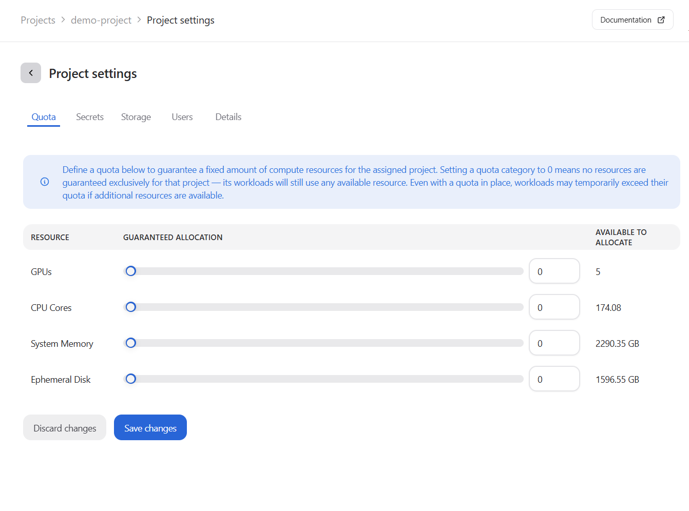 The Project settings page following successful project creation