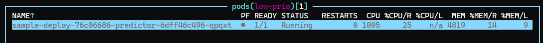 k9s - Sample workload running in the low-prio project